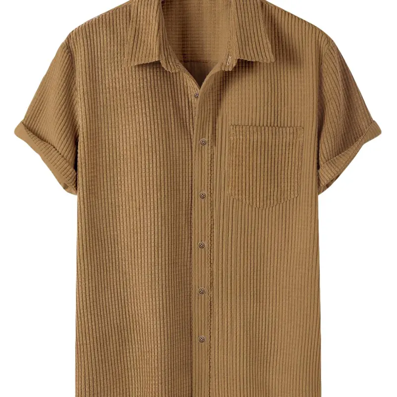 Men's Solid Color Pocket Button Front Neckline Corduroy Shirt, Regular Fit Casual Button Collared Short Sleeve Collar Shirt for Spring & Fall, Menswear for Daily Wear