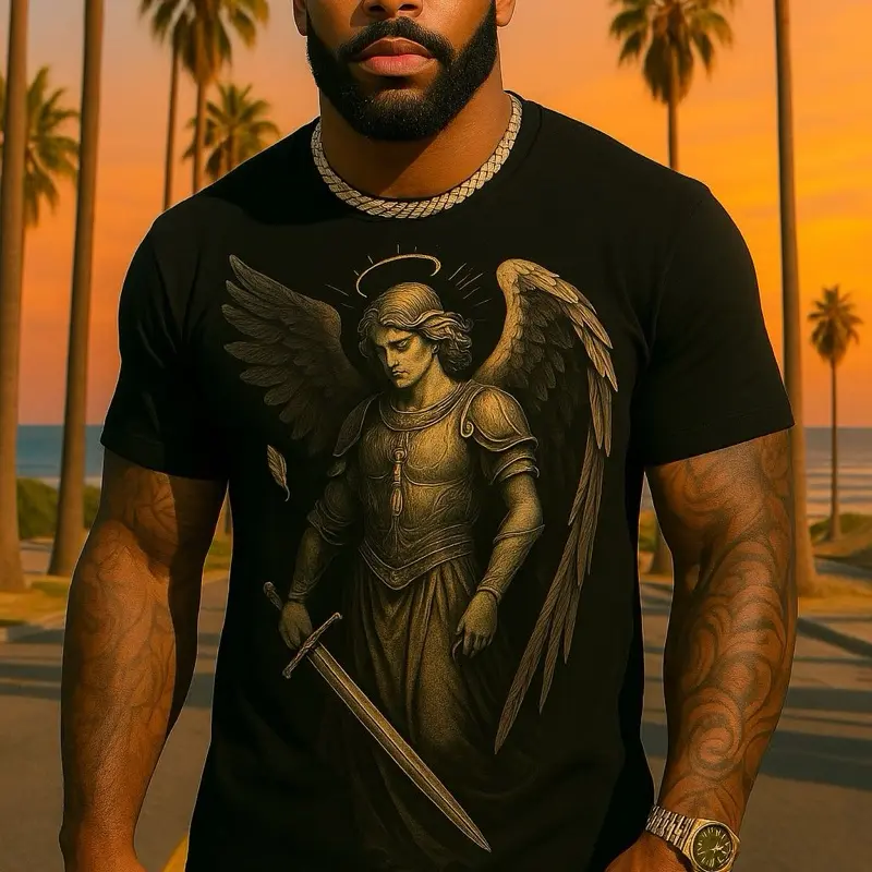 Designer Tshirts - Black T-Shirt with Angel Graphic and Sword Detailing for Stylish Wear