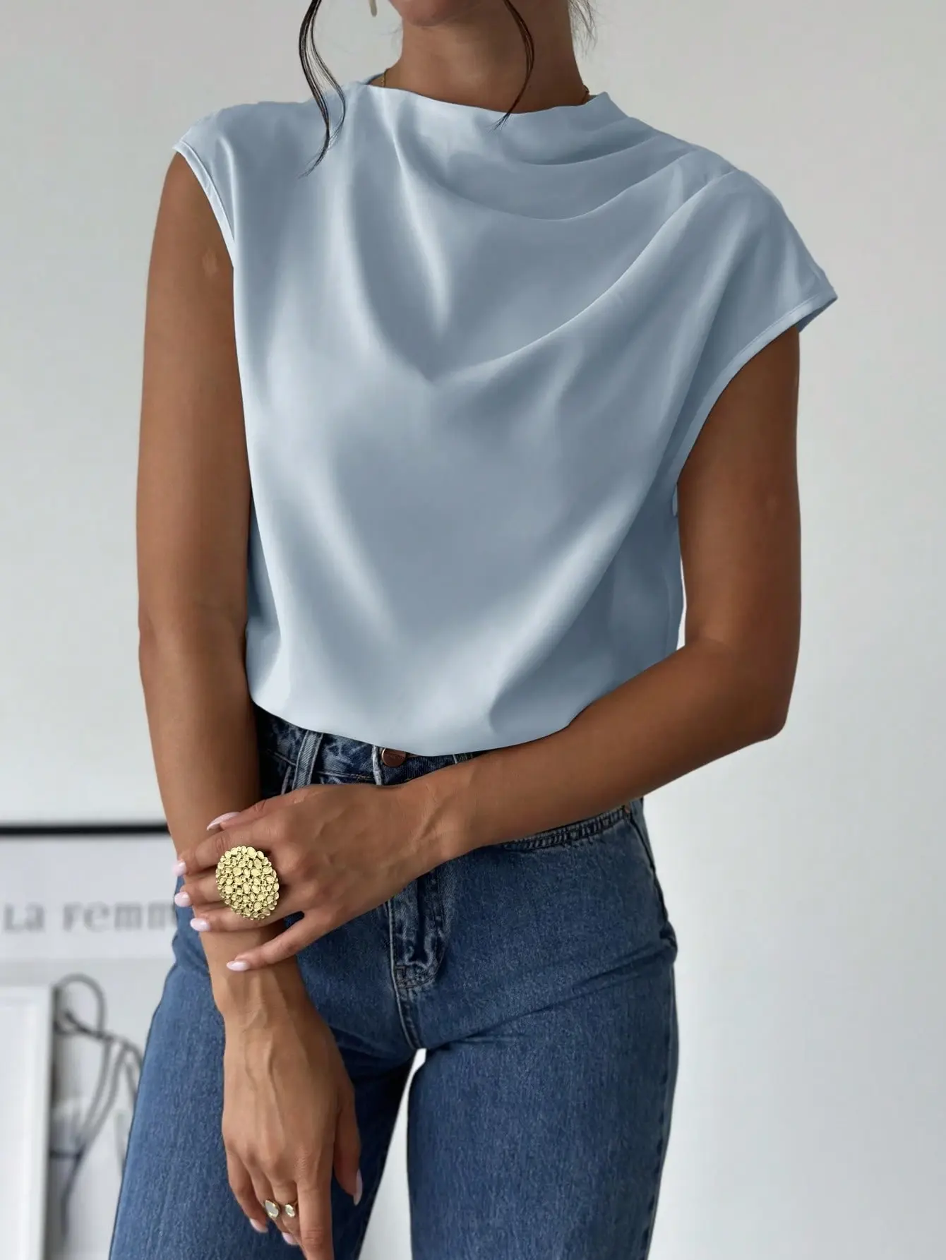 VYNCE Women's Elegant Simple Commute Office Stand Collar Asymmetric Shoulder Pleated Fitted Blouse Blue Summer Spring