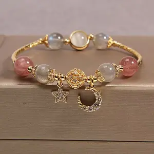 Dainty Moonstone & Strawberry Quartz Bracelet