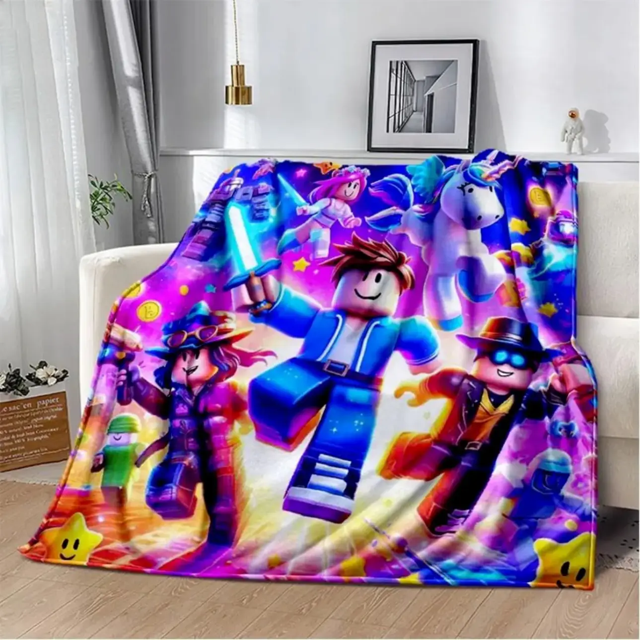 Roblox Adventure Game Throw Blanket, Gaming Avatar Unicorn Star Graphic Soft Cozy Plush Bed Blanket, Lightweight Warm Blankets for Kids Bedroom Decor, Couch Sofa Living Room, Birthday Gifts for Boys Girls and Gamers