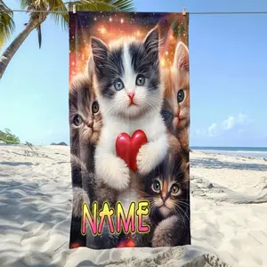 Microfiber Cotton Sports Towel - 1pc Cozy Cat Print with Red Heart, Personalized Name, Soft, Highly Absorbent, Lightweight, Ideal for Beach & Camping, 55x27in & 63x31in Sizes