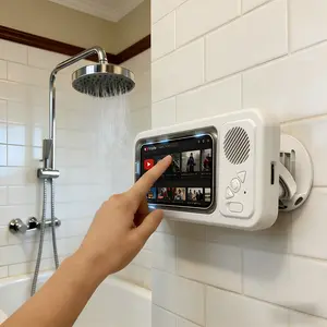 Shower Time Just Got Better! Waterproof Phone Holder with Bluetooth Speaker, 360° Rotation, Touchscreen Friendly for Bathroom, Kitchen, Pool