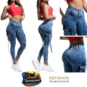 Colombian Jeans with Rhinestone Design, Cargo Style, with Side Pockets, Push-Up, 4 Buttons, Clear Blue