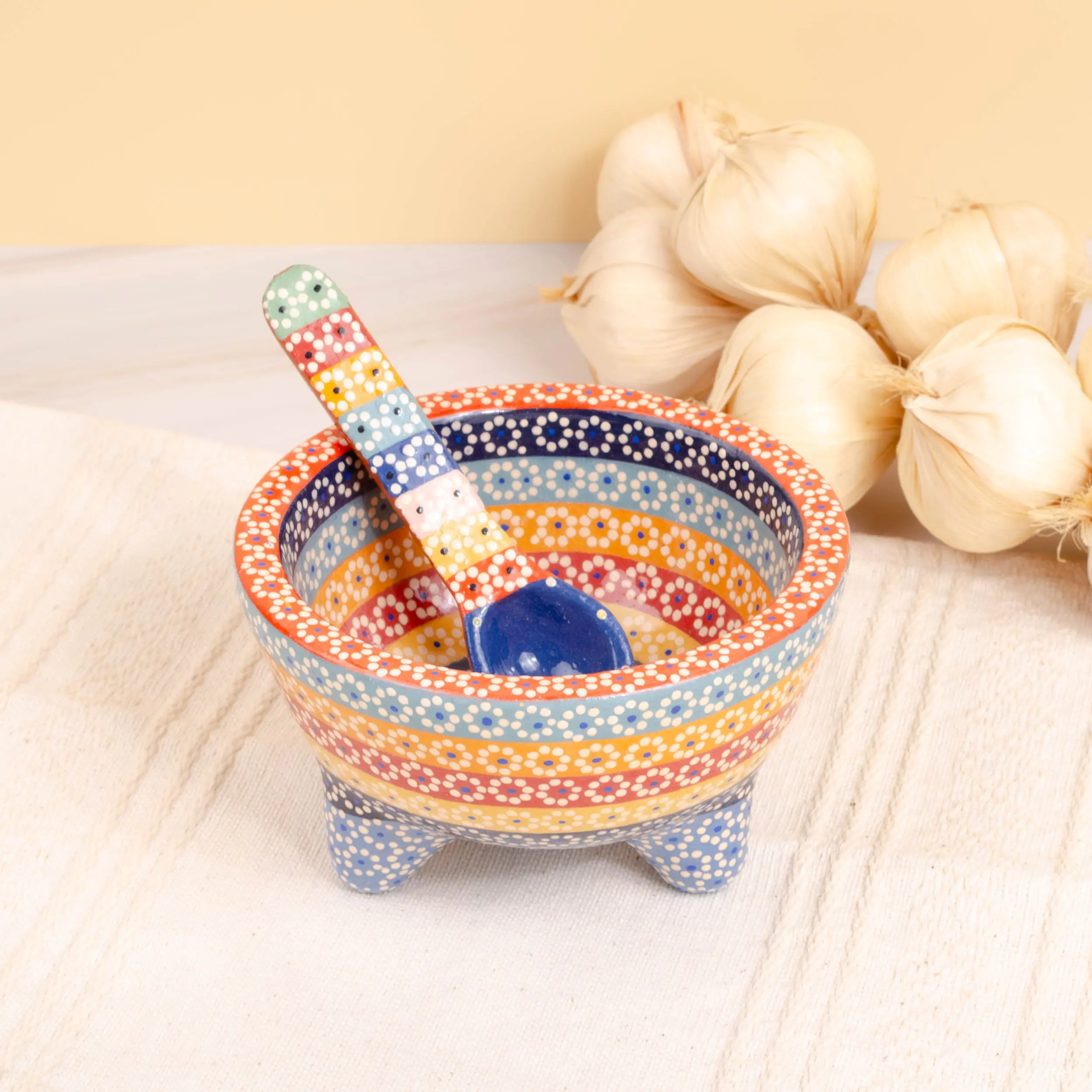 Artisans' Handmade Clay Molcajete Bowl and Spoon Set, Small Capula Kitchen Tableware for Dipping, Serving Salsa to Guests