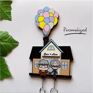 Wooden hanging piece - couple cartoon home wall decoration with self-adhesive backing