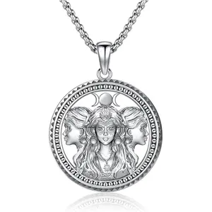 DRINSPER S925 Triple Moon Goddess Necklace, 925 Sterling Silver Witch Amulet Chain Necklace