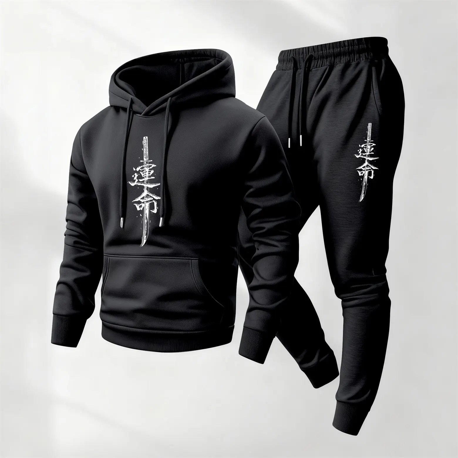 Men's Japanese Katana Printed 2-Piece Casual Fit Sweat Pants & Top Set - Sporty Men's Clothing Sets, Long Sleeve Hooded Jacket & Drawstring Trousers for Fall Winter Daily Wear, Indoor Outdoor Athleisure, Menswear For Athletes, Sweat Pants & Top Sets