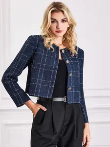 INSPIRE CHIC Women's Plaid Blazer Collarless Button Front Crop Tweed Jacket