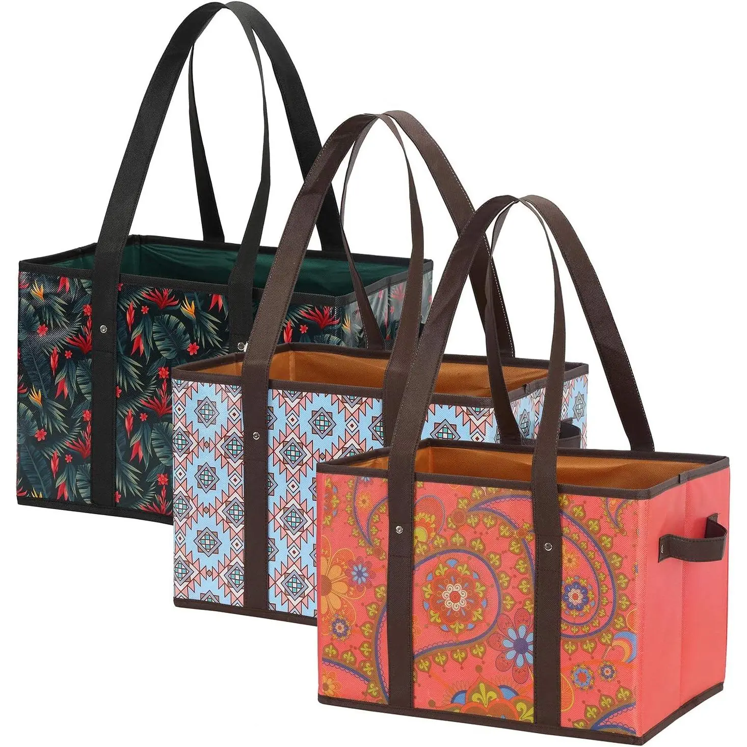 3-Pack Non-Woven Reusable Grocery Bags, Eco-Conscious Lightweight Shopping Bag Carrier with Large Box Shape, Rigid Base, Reinforced Bottom, Metal Rivets, Handles for Home Supplies Storage, Produce & Shopping Basket Use, Grocery Bag Carrier