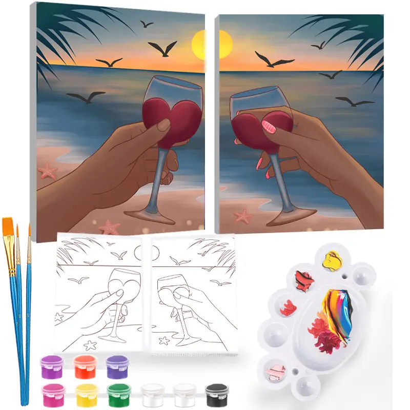 2Pcs Paint and Sip Kit for Adults,Pre Drawn Canvas to Paint of Home Painting Couples for Party,Couples DIY Acrylic Painting Kits Date Night 8×10