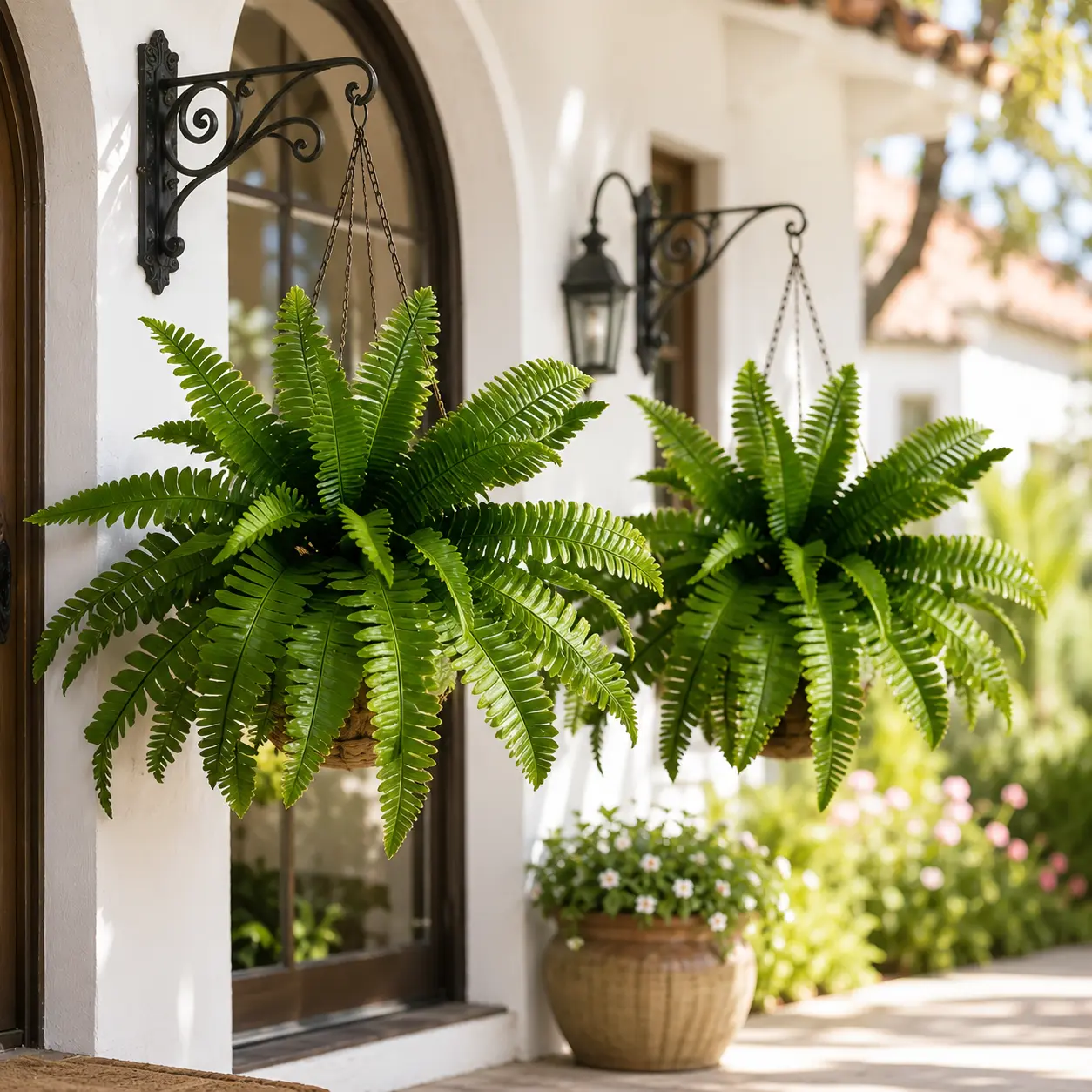 Decorative Artificial Boston Fern Plant - UV-Resistant Faux Greenery, Full & Lush Outdoor Flowers for Front Porch, Artificial Plants Decor for Anniversary & Auspicious Home/Patio Garden Planter Decor