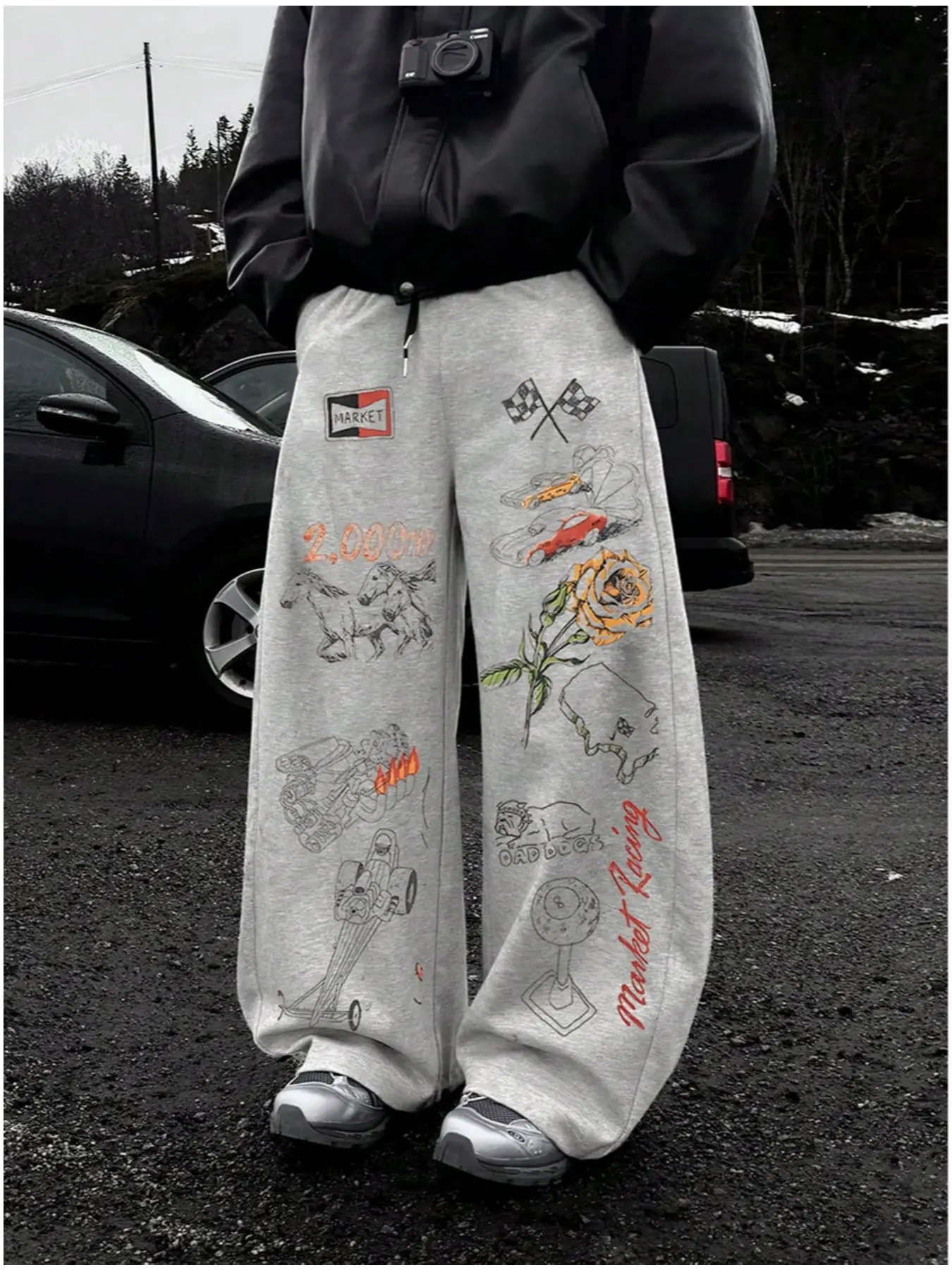 Unisex Retro Racing Graphic Oversized Joggers - Vintage Heather Grey Baggy Sweatpants, Jogging Pants with Multi-Logo Print, Streetwear Racing Core Trousers for Skaters & Daily Vibe Outfits, Athleisure Style Bottoms