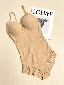 Women Adjustable Strap Smooth Shapewear Bodysuit, Lace Trim Steel Ring, Tummy Control Butt Lifting Seamless Bra, All Seasons Sexy Style