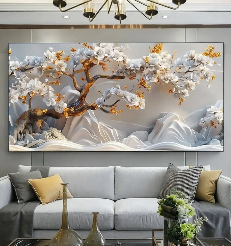 1 piece framed canvas painting - white flowers and golden leaves, quiet landscape of mountain clouds, modern space neutral tones, complex details, large canvas wall art, suitable for living room, bedroom, office decoration