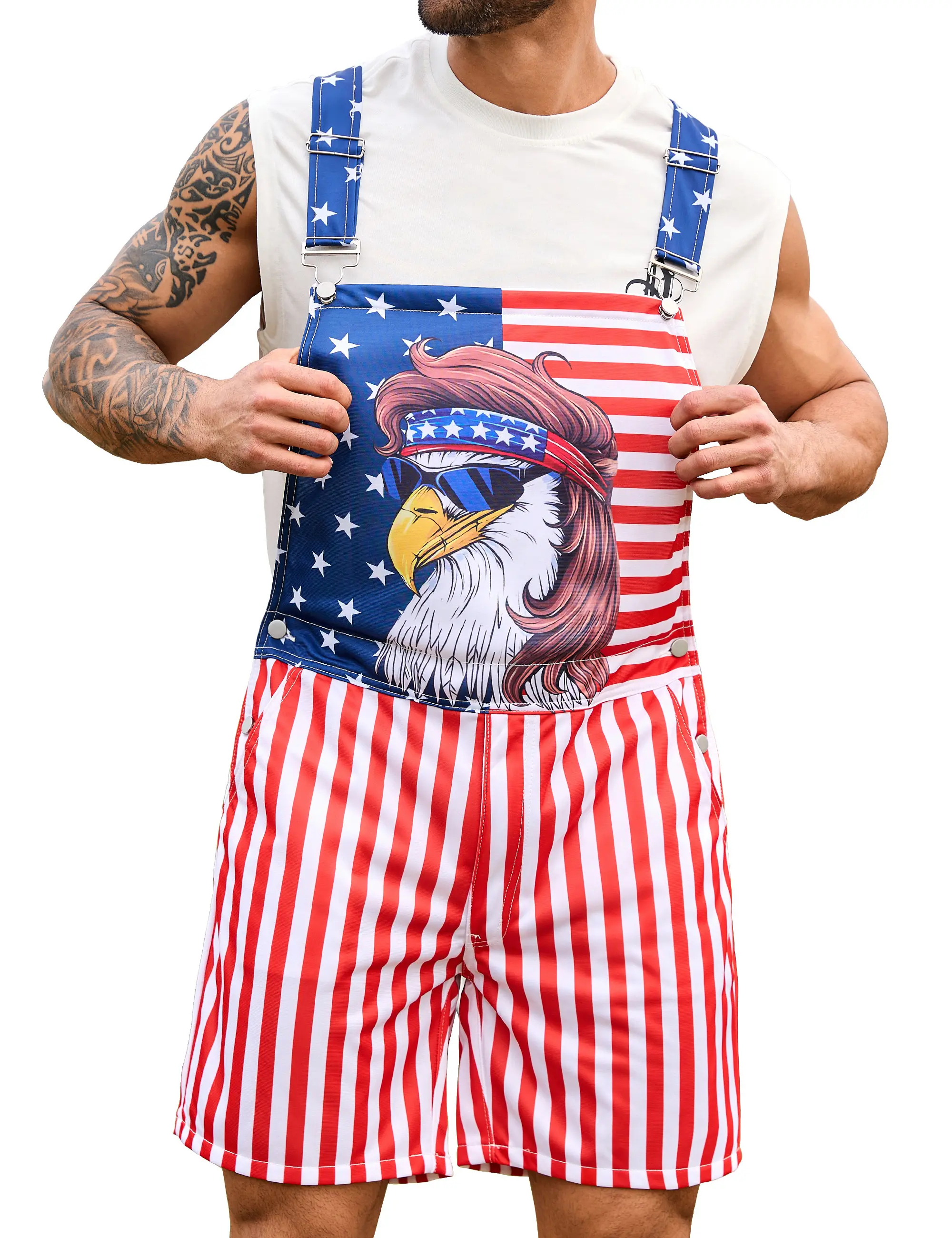 Yuanbang 4th of July American Flag Bib Overalls Summer Casual Adjustable Coveralls Memorial Day Romper, Burning Man Clothing, Halloween, Christmas, Fashion Men's Clothing, Patriotic Apparel, Holiday Party Menswear