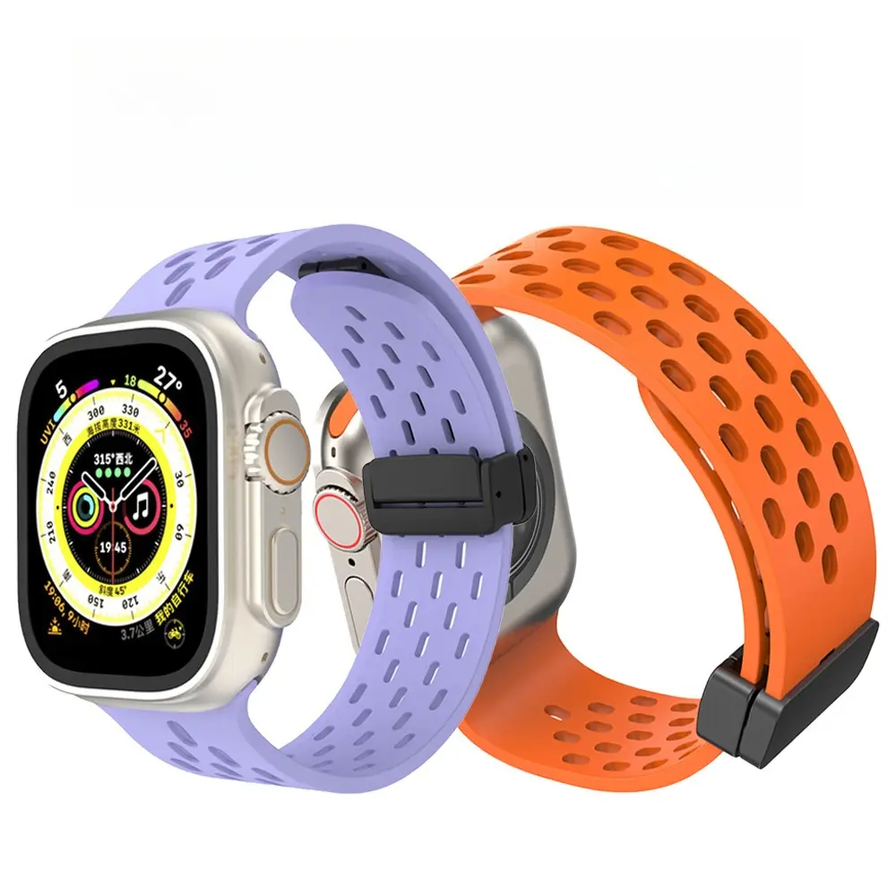 Compatible with Apple Watch (iWatch) Series 9 — Silicone Folding Magnetic Sports Band with Breathable Perforations