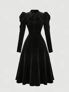 Elegant Women's Velvet Dress with Long Sleeve, Gigot Sleeves, Traditional Collar, Bow Tie, Fall Winter Fashion, Formal Party Wear, Ll168