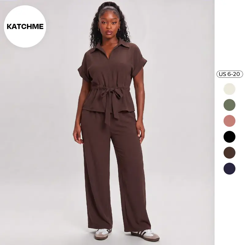 KATCH ME Women's Basic 2-Piece Collared Neck Rolled-Up Short Sleeve Top & Loose Wide Leg Trousers Co-ord, Minimalist Womenswear, Plain Summer Outfits