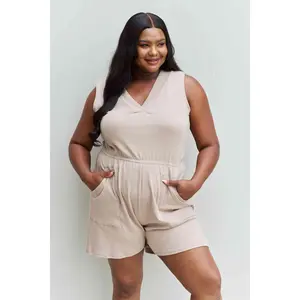 Zenana Forever Yours Full Size V-Neck Sleeveless Romper in Sand