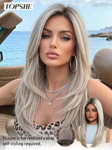 Topshe Mono Medium Length Straight Hair Wig, Tiktok Trendy Ice Gradient, Natural Parting, Breathable Comfort, Easy Care, Straight Synthetic Wig, Synthetic Hair Wigs