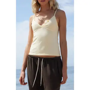 John Galt Women's Yellow Tiffany Bow Lettuce Edge Tank Top