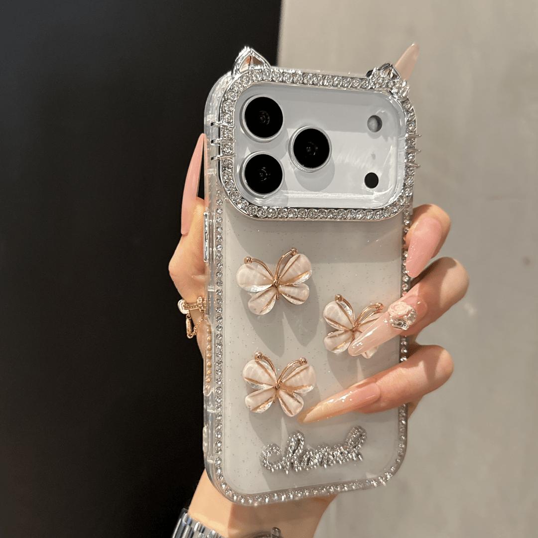 DIY Glitter Clear Phone Case with 3D Butterfly & Rhinestone Charms, Bling Cat Ear Diamond Frame Customizable Protective Cover for IP 17 PROMAX junk