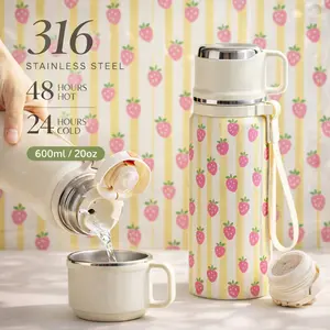 1 Pc Vacuum Mug, 600ml Thermal Mug, Double Wall Insulated Cup, Leak Proof Skinny Tumbler With Handle And Strap, 48 Hours Hot 24 Hours Cold, Portable Travel Mug For Coffee Tea Milk, Gift For Women Men Holiday Daily Use