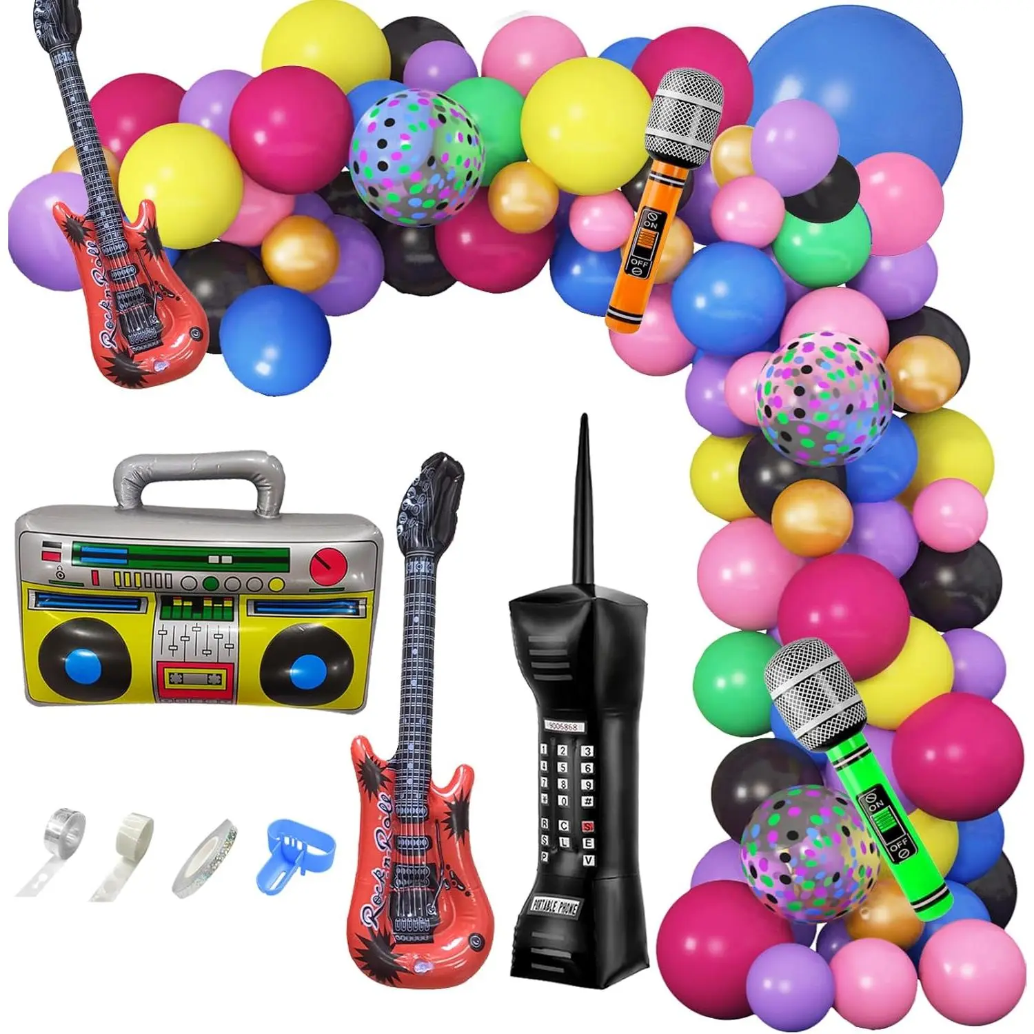 70s 80s 90s Party Retro Theme Decorations Balloon Garland Kit (90pcs) - 6pcs Inflatable Disco Ball, Radio Boom Box, Mobile Phone, Guitar, Microphone Balloons for Rock Hip Hop Birthday Supplies