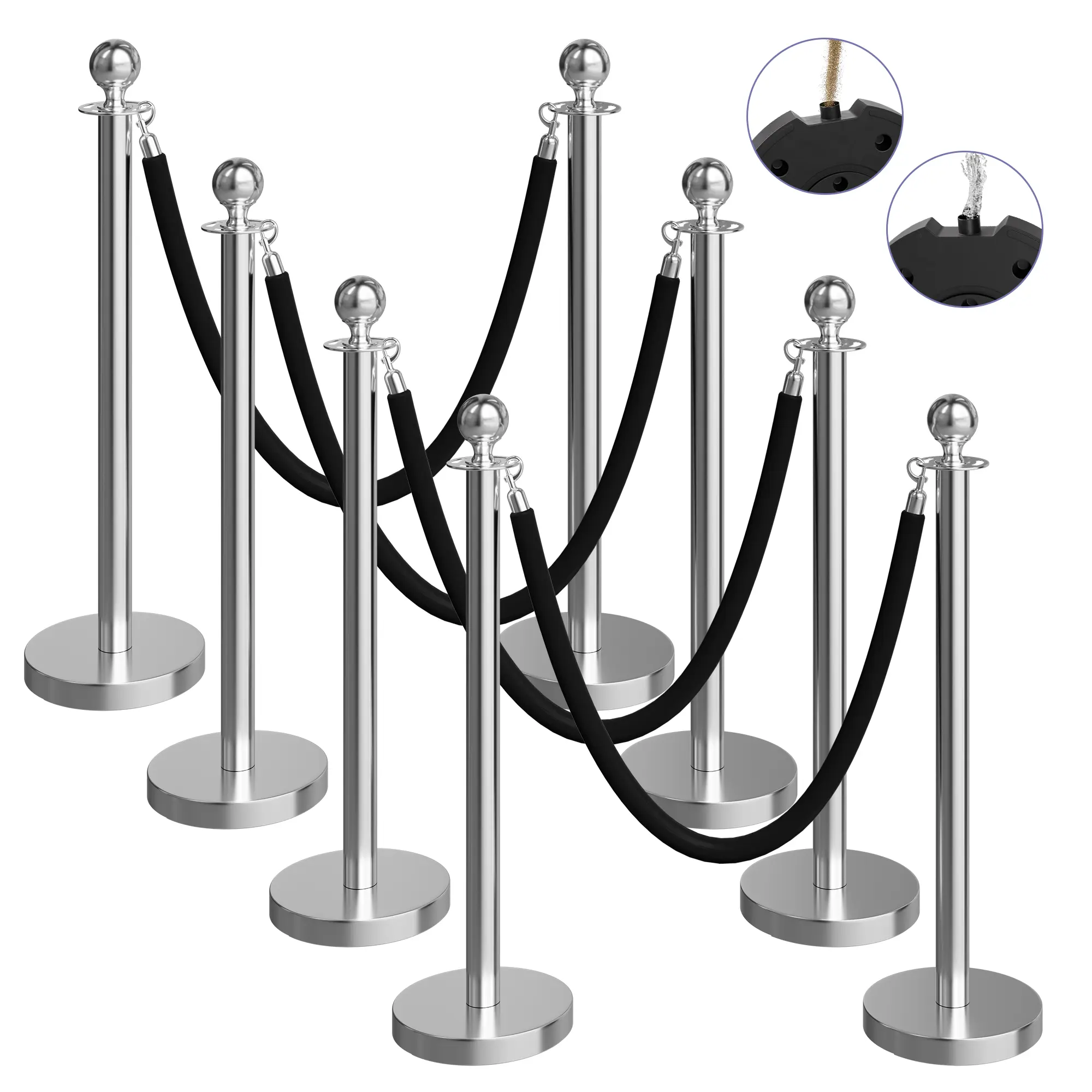 Lightweight 8-Pack Silver Stainless Steel Stanchions & Black Velvet Ropes Set, Crowd Control Barriers, Party Supplies Gifts for Wedding, Prom, Museums