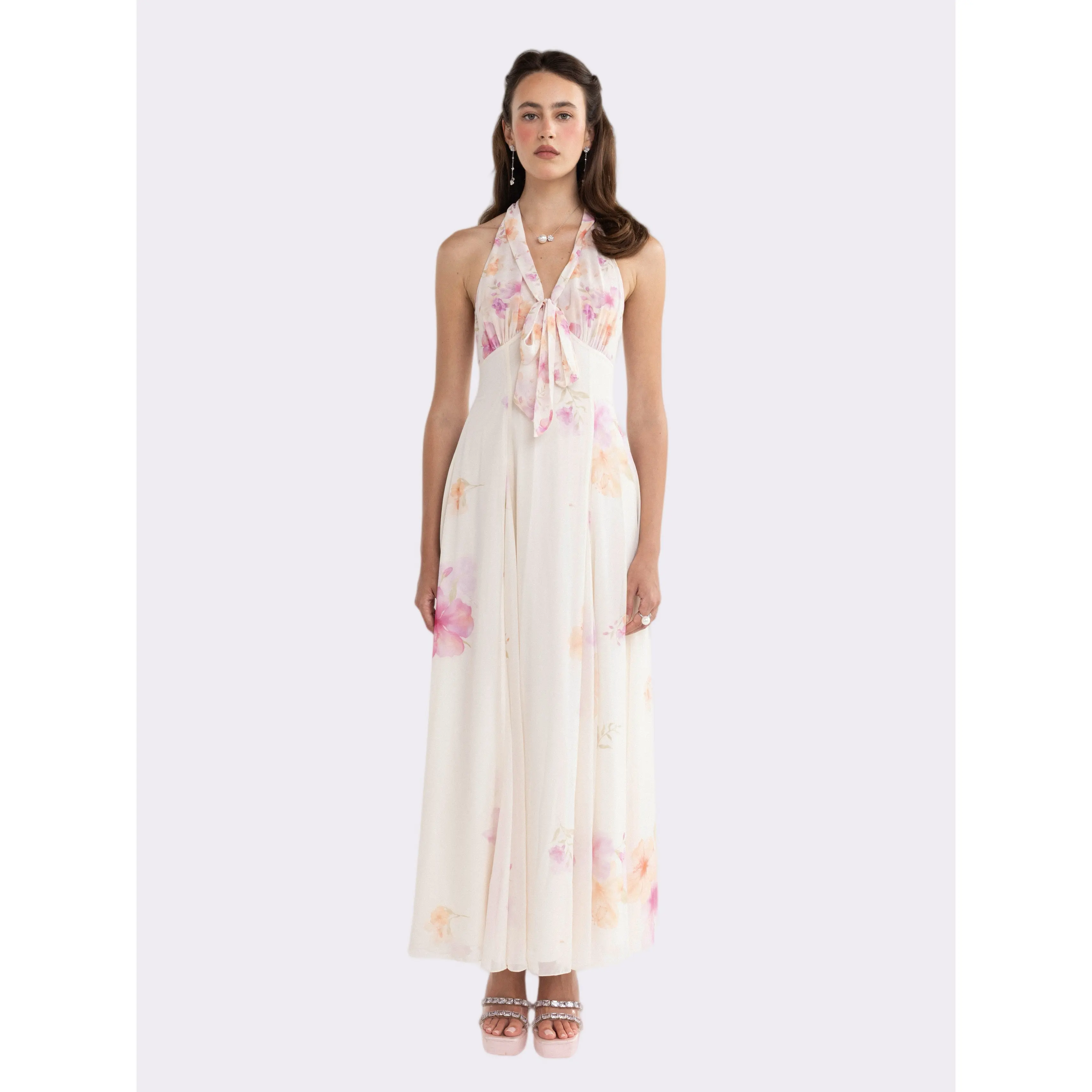 Lana Halter Floral Beige Dress