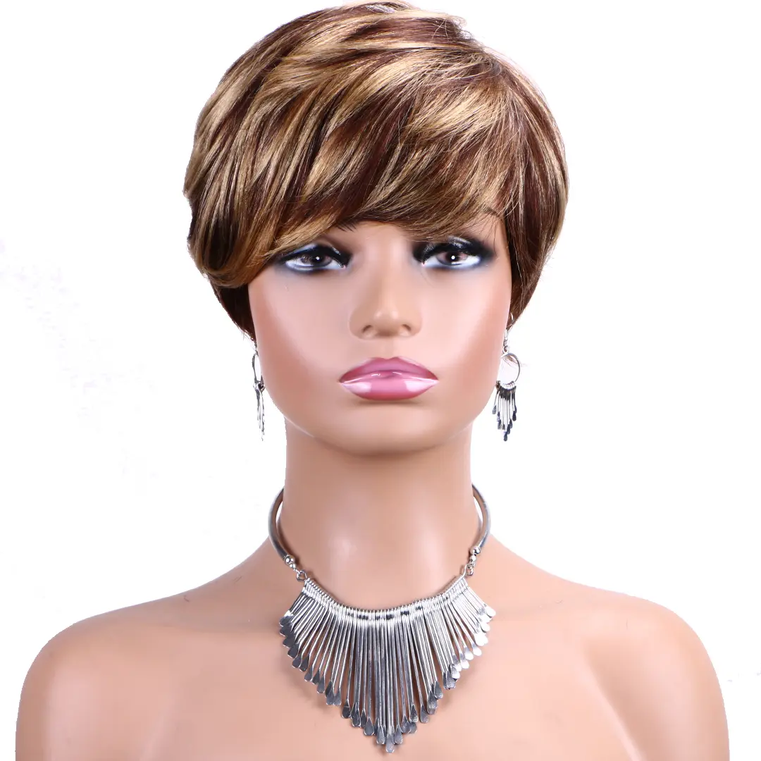 #P4/27 Unisex Glueless Short Layered Pixie Cut Wig With Full Bangs, 6-Inch 180% Density Brazilian Virgin Human Hair Full Machine-Made Wig, Natural Look Cap For Daily & Party Wear, Short Wig