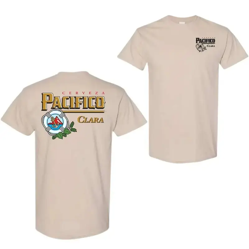 Cerveza Pacifico Clara T-shirt – Men's Official Mexican Beer Logo T-shirt, Short-sleeve Patterned Shirt, Beach and Bar Style Clothing