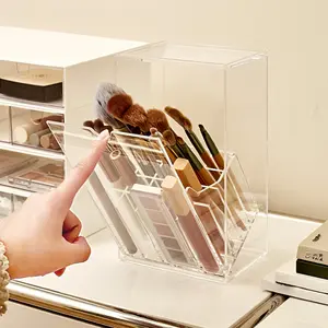 Stackable transparent acrylic makeup brush holder with dust cover, large-capacity vanity cosmetic storage box, multi-compartment storage design, suitable for makeup brushes, lipsticks, and eyeliners