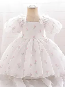 Baby Girl Clothes Infant Christening Cocktail Toddler Baptism Pageant Birthday Party Print Bow Puff Sleeve Ball Gown Princess Floral Dress for all Season 12 Months to 3 Years