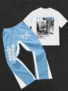 This men's two-piece Graphic printed outfit set includes a crew-neck short-sleeved T-shirt and slim-fit trousers, suitable for everyday wear and all seasons.