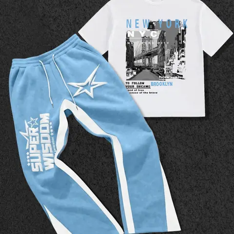 This men's two-piece Graphic printed athletic Sportswear Activewear outfit set includes a crew-neck short-sleeved T-shirt and slim-fit trousers, suitable for everyday wear and all seasons Sports Clothing Set