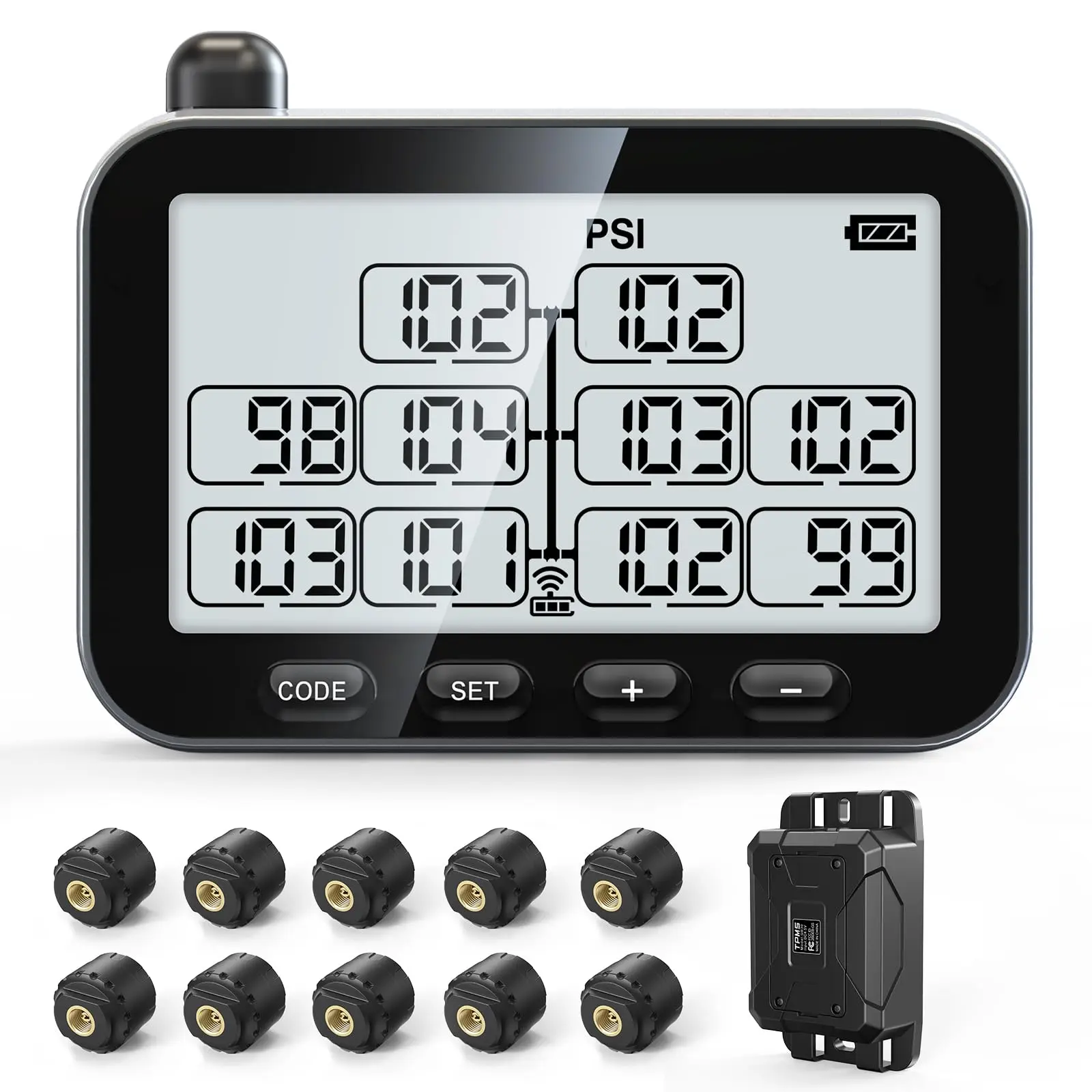 GUTA GT30 Trailer Tire Pressure Monitoring System, RV TPMS with 6 Alert Modes, Signal Booster, Power Saving Display, Long Sensing Distance, for 3 Trailers (T1/T2/T3), for Camper, Motor Homes