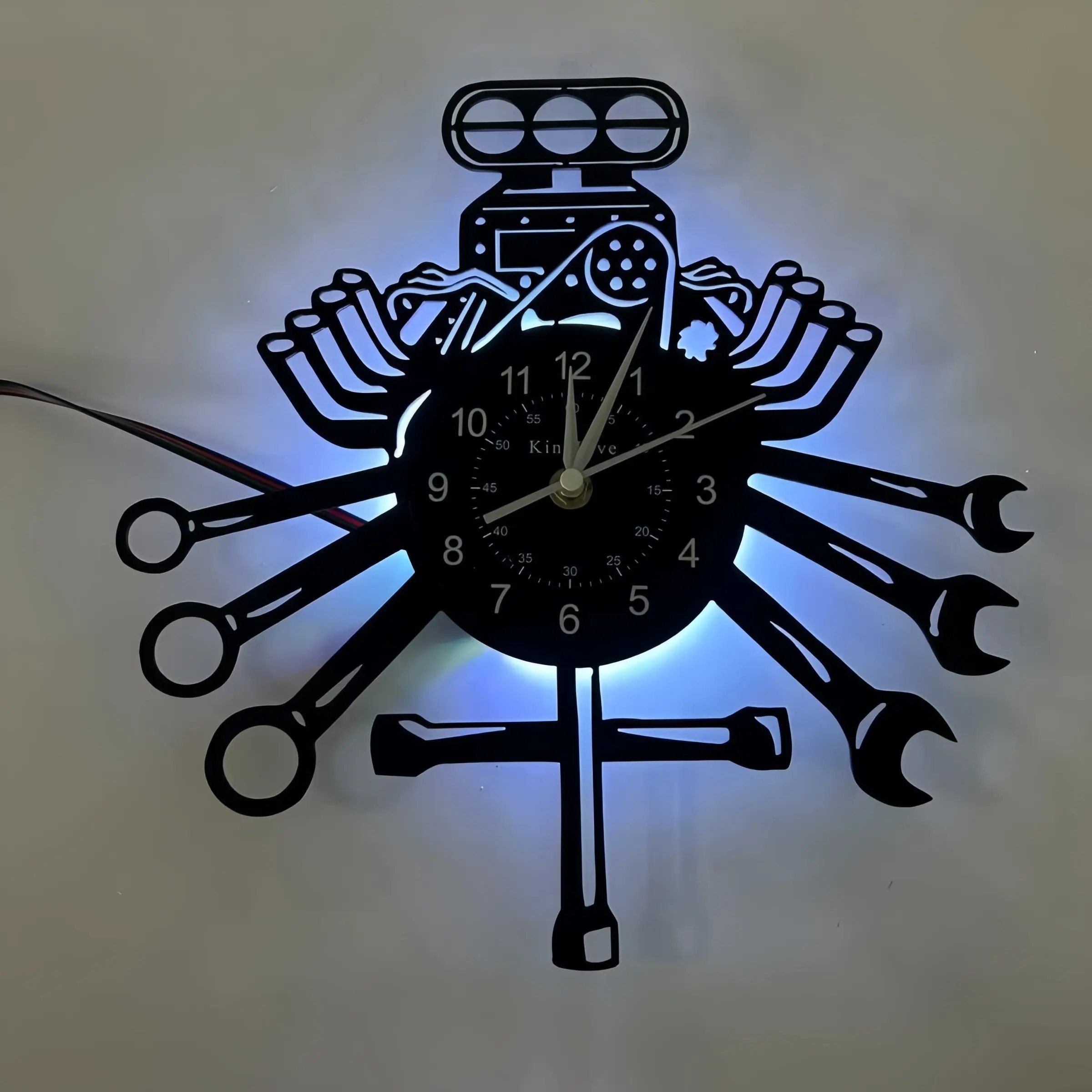 Tool-Shape LED Backlit Wall Clock, Atmospheric LED Lights, Mechanical Repair Tool Design, Ideal for Garage, Workshop, Living Room Decor