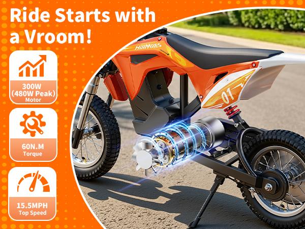 MileRocket1 Kids Electric Bike, 36V 300W Motor, 3-Speed Modes Up to 15.5MPH, 9.32 Mile Range, Dual Suspension,12 * 2.75" Tires, for Height 3.8-4.7ft