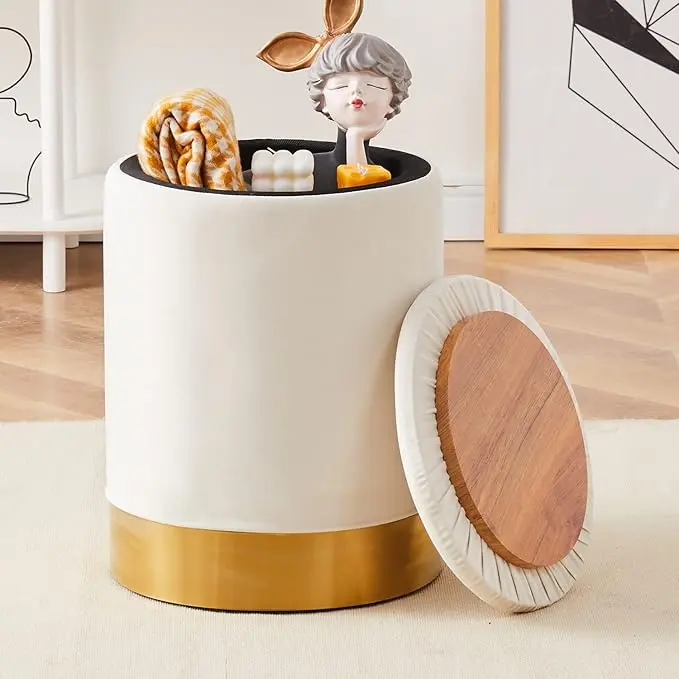 Velvet 23Qt Storage Ottoman Multipurpose Footrest Stool with Metal Base Modern Round Vanity Stool Chair Ottoman Foot Stools Support 300lbs Padded Seat for Living Room & Bedroom, Autumn, Winter, Warm