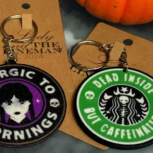 "Wednesday Addams 'Allergic to Mornings' & 'Dead Inside But Caffeinated' Keychains - Perfect for Coffee Lovers"