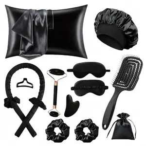 13-Piece Sleep Hair Care Set, Satin Pillowcase, Sleeping Cap, Eye Mask, No Heat Curling Iron, Hair Ties, Facial Roller, Scraping Board, Spa Gift Set, Hair Styling Tools
