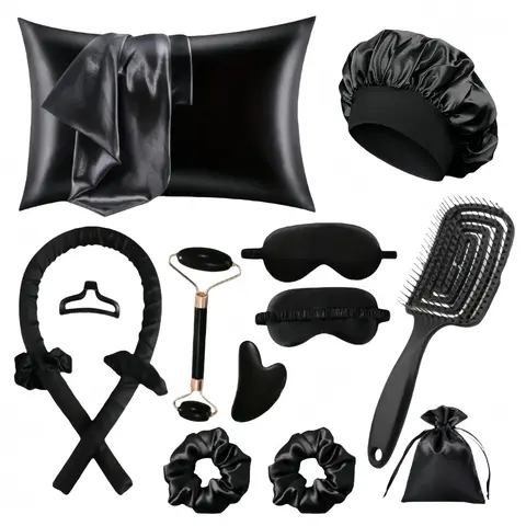 13-Piece Sleep Hair Care Set, Haircare Heatless, Satin Pillowcase, Satin Hair Bonnet, Eye Mask, Heatless Curling Rod, Heatless Curler, Hair Ties, Facial Roller, Scraping Board, Spa Gift Set, Hair Styling Tools