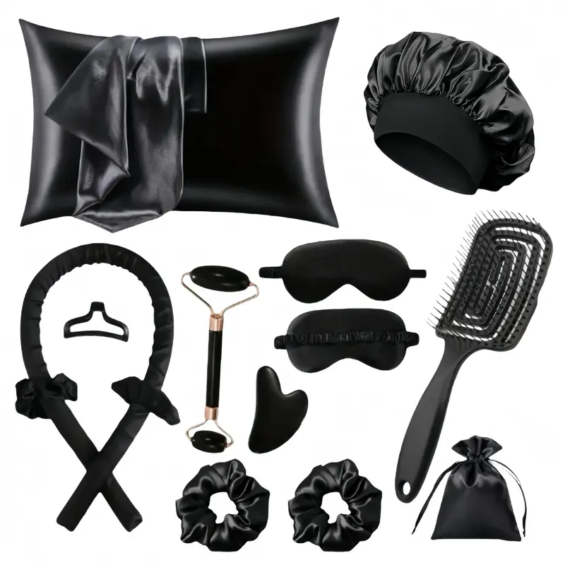 13-Piece Sleep Hair Care Set, Haircare Heatless, Satin Pillowcase, Satin Hair Bonnet, Eye Mask, Heatless Curling Rod, Heatless Curler, Hair Ties, Facial Roller, Scraping Board, Spa Gift Set, Hair Styling Tools