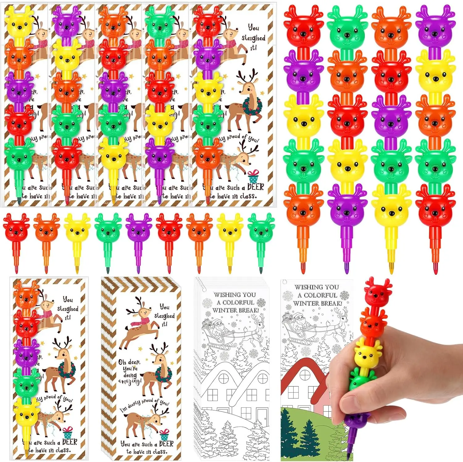 Elk Theme Crayon Set (12/24/48 Packs) - 4-Color Paraffin Plastic Stacking Crayons with Double-Sided Coloring Postcards, Holiday Fun Party Favors for Goodie Bag Stuffers, Bulk Rewards