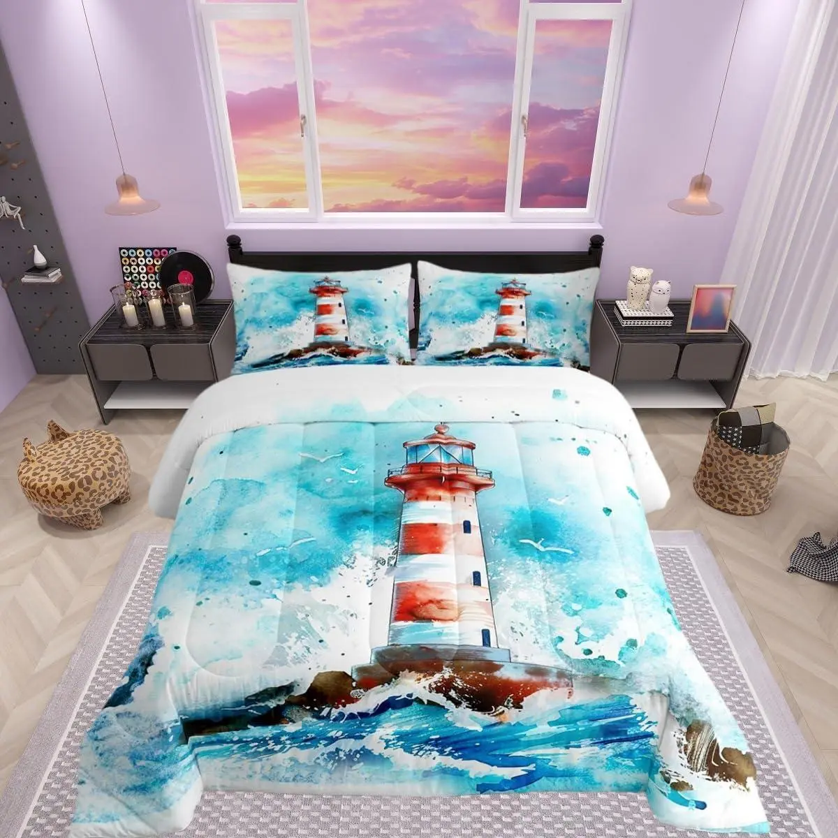 Lighthouse Bedding Set Watercolor Sea Wave Comforter Coastal Style Comforter Set Blue Red Painting Duvet Set Quilt Set 1 Comforter Set