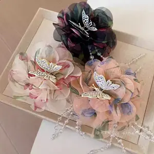 3-Piece Elegant Butterfly Tassel Hair Clip Set | Fairytale Theme Multi-Layer Floral Design, Mixed-Color Polyester Material, Suitable for Various Hairstyles and Updos