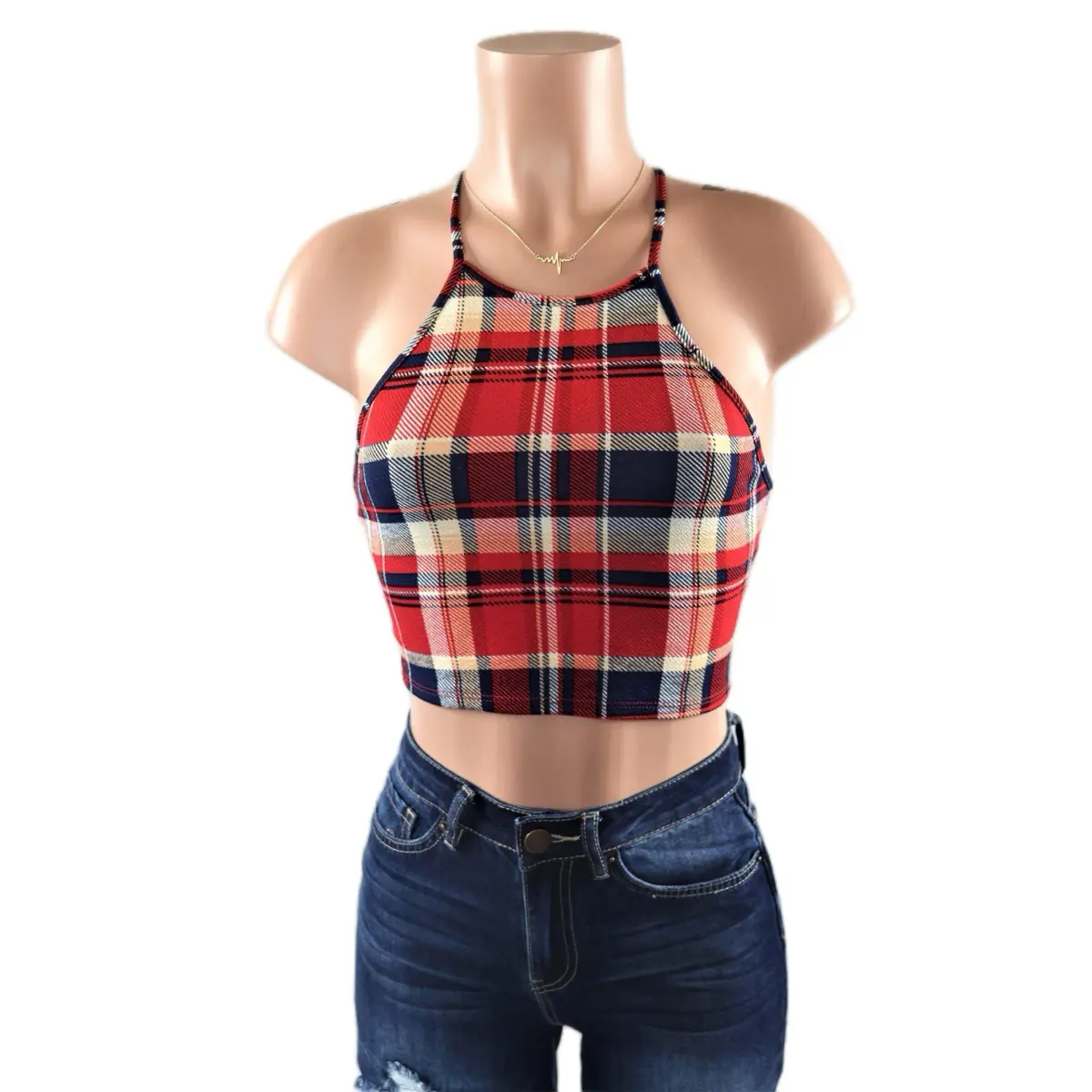 Dion Plaid Women's Halter Top in Polyester and Spandex Crop Womenswear Tube