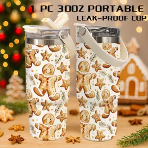 1 Pc 30 Oz Gingerbread Man Vacuum Tumbler with Handle, 2-in-1 Flip Lid, Leak-Proof, Double-Wall Insulated, Easy Carrying, Cute and Festive Style, Keeps Hot 12H/ Cold 24H, Holiday Gift for Women, Friends, Teachers, Perfect for Home, Office or Car.